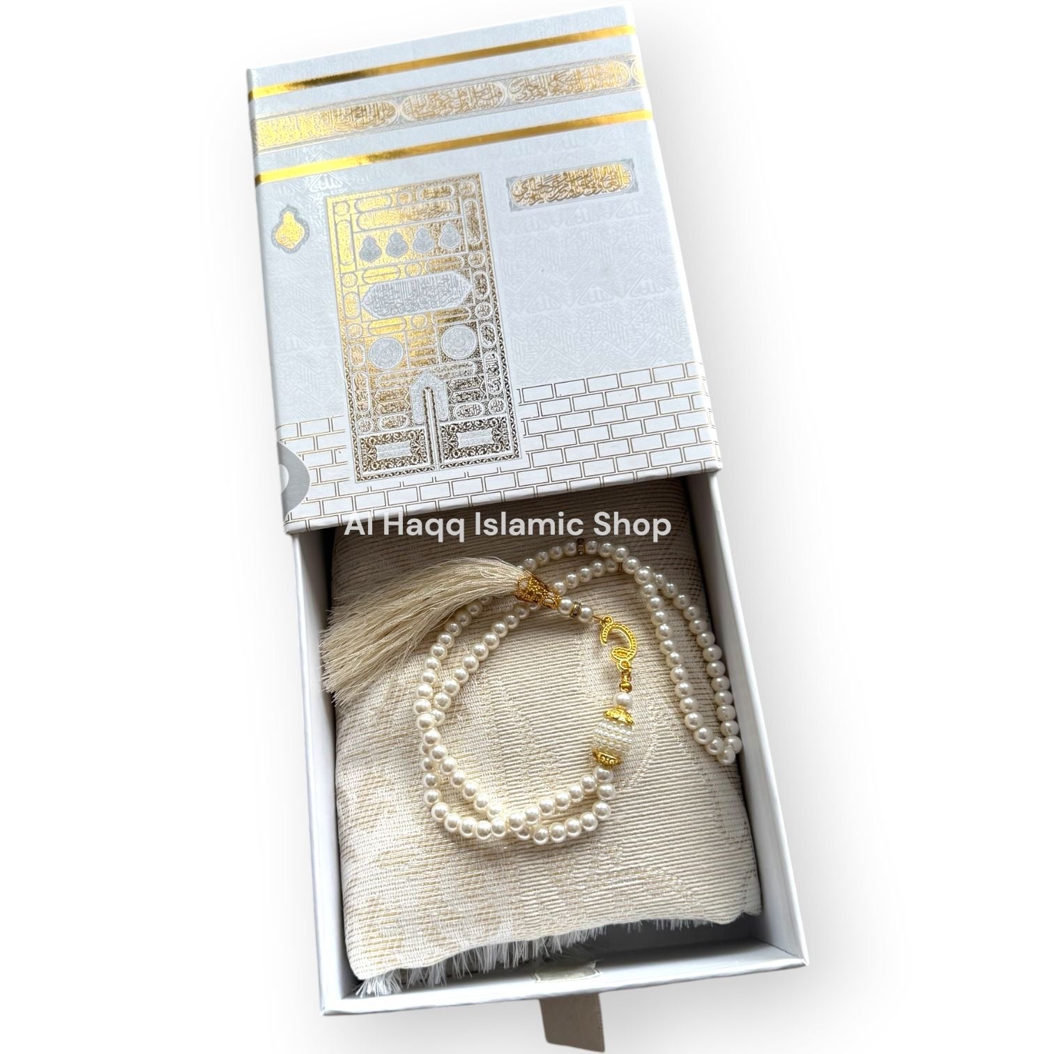 Cream Travel Prayer Mat Tasbeeh Beads Muslim Gift Set Portable Islamic Kaaba Box