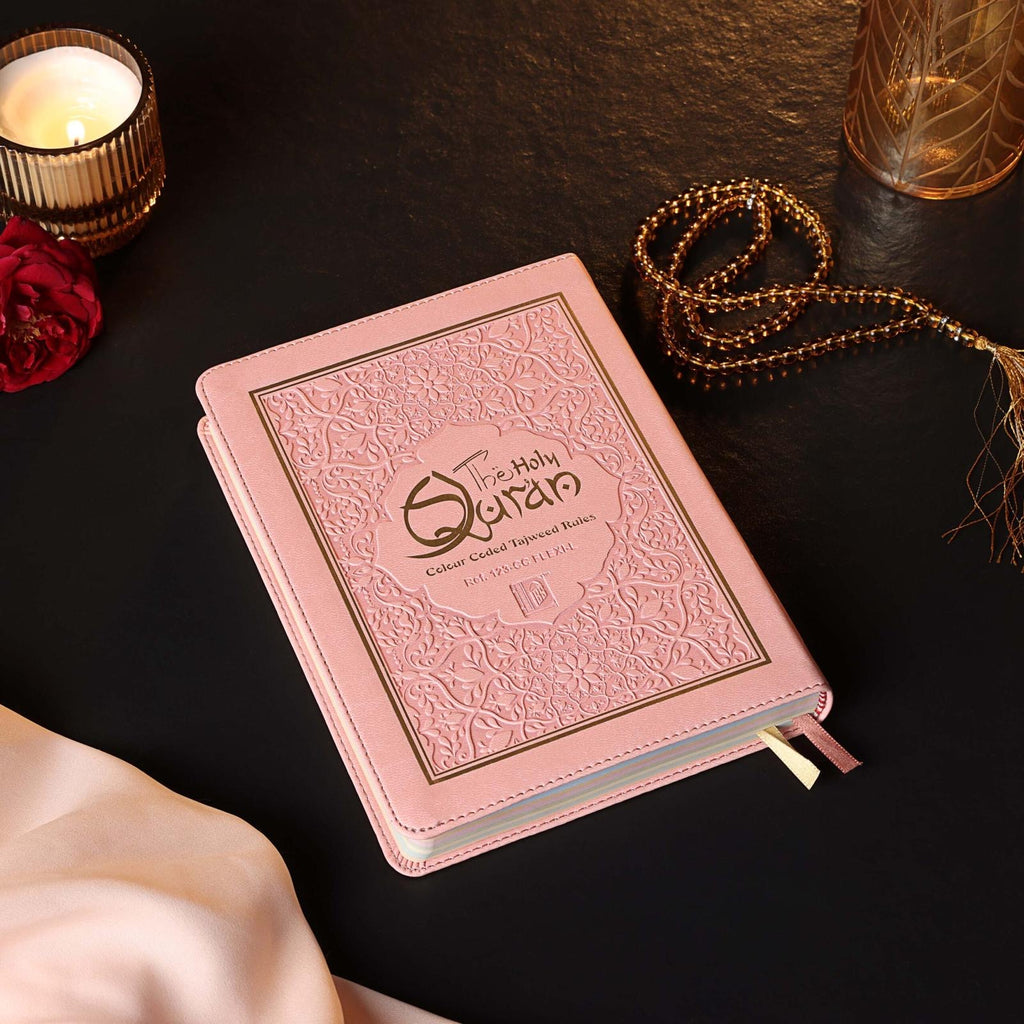 Pink Holy Quran Colour Coded Tajweed Rules 15 Line Medium Size Flexi Leather Islamic Book