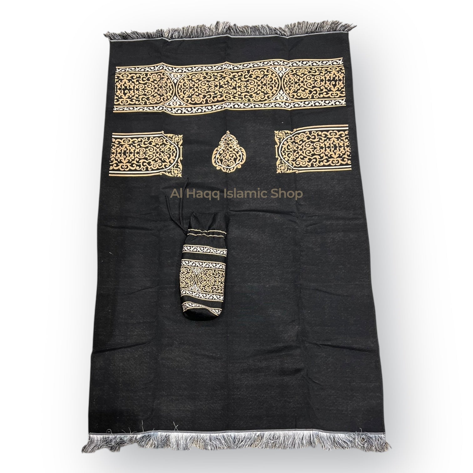Muslim Travel Prayer Mat 70x110cm Black Kaaba Door Design Islamic Salah Mat Pouch Bag