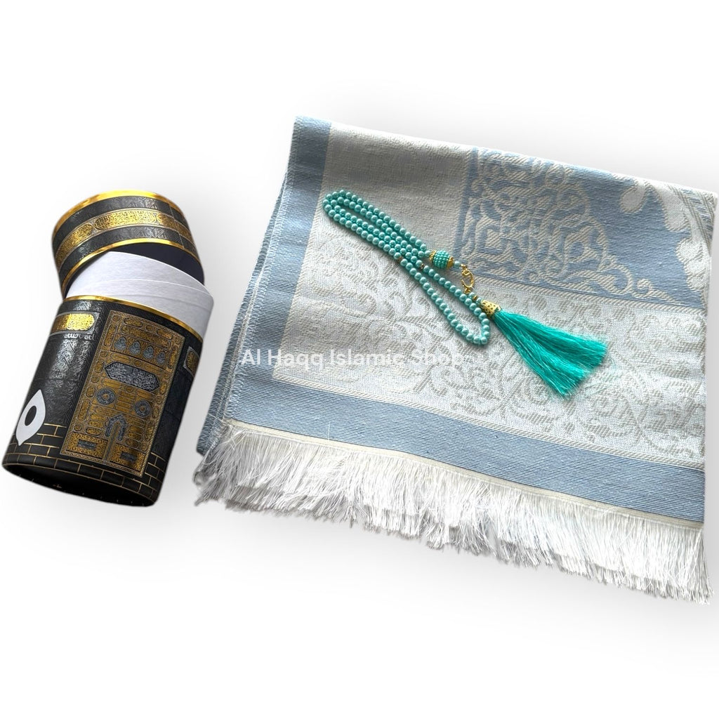 Blue Travel Prayer Mat Tasbeeh Beads Muslim Gift Set Portable Islamic Kaaba Case
