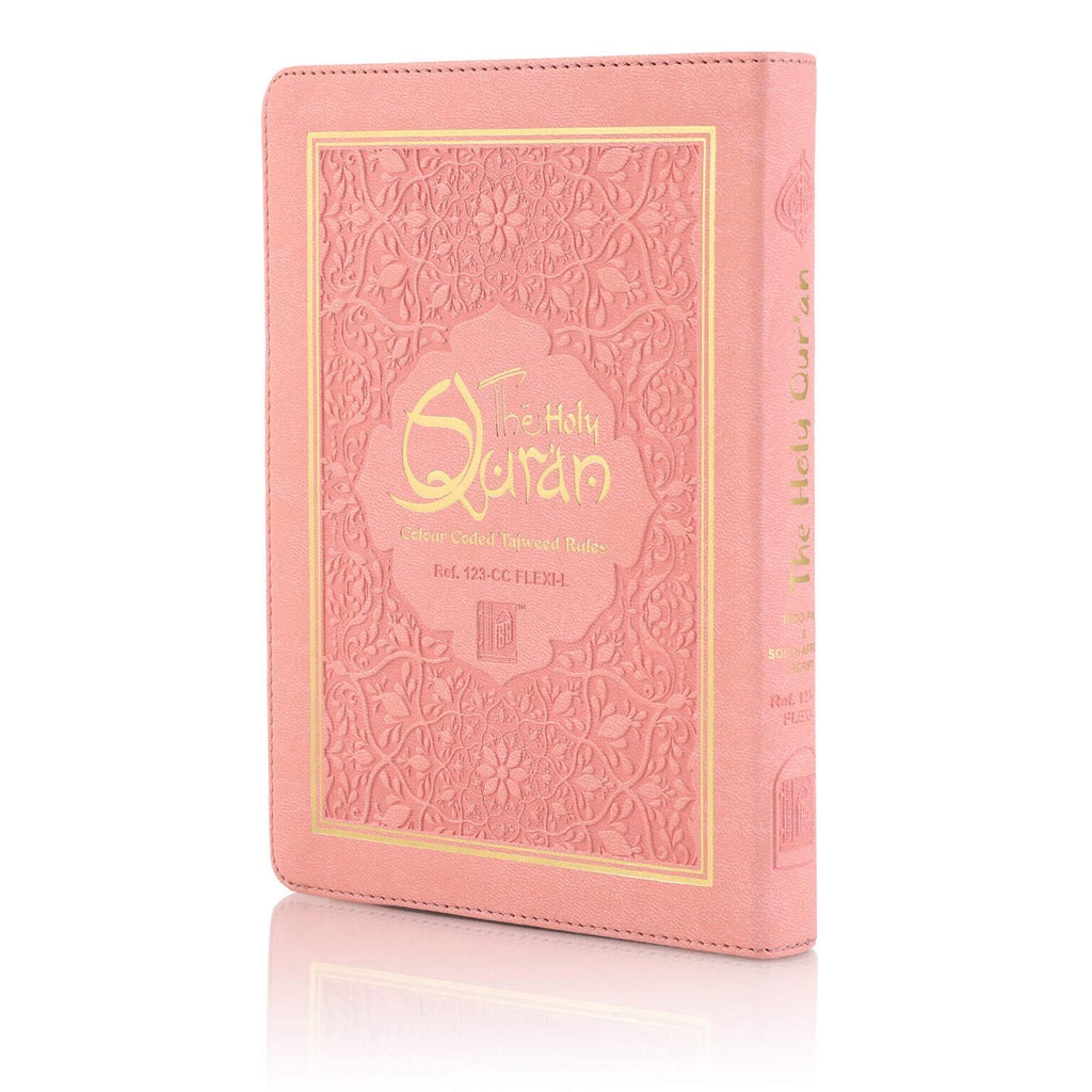 Pink Holy Quran Colour Coded Tajweed Rules 15 Line Medium Size Flexi Leather Islamic Book