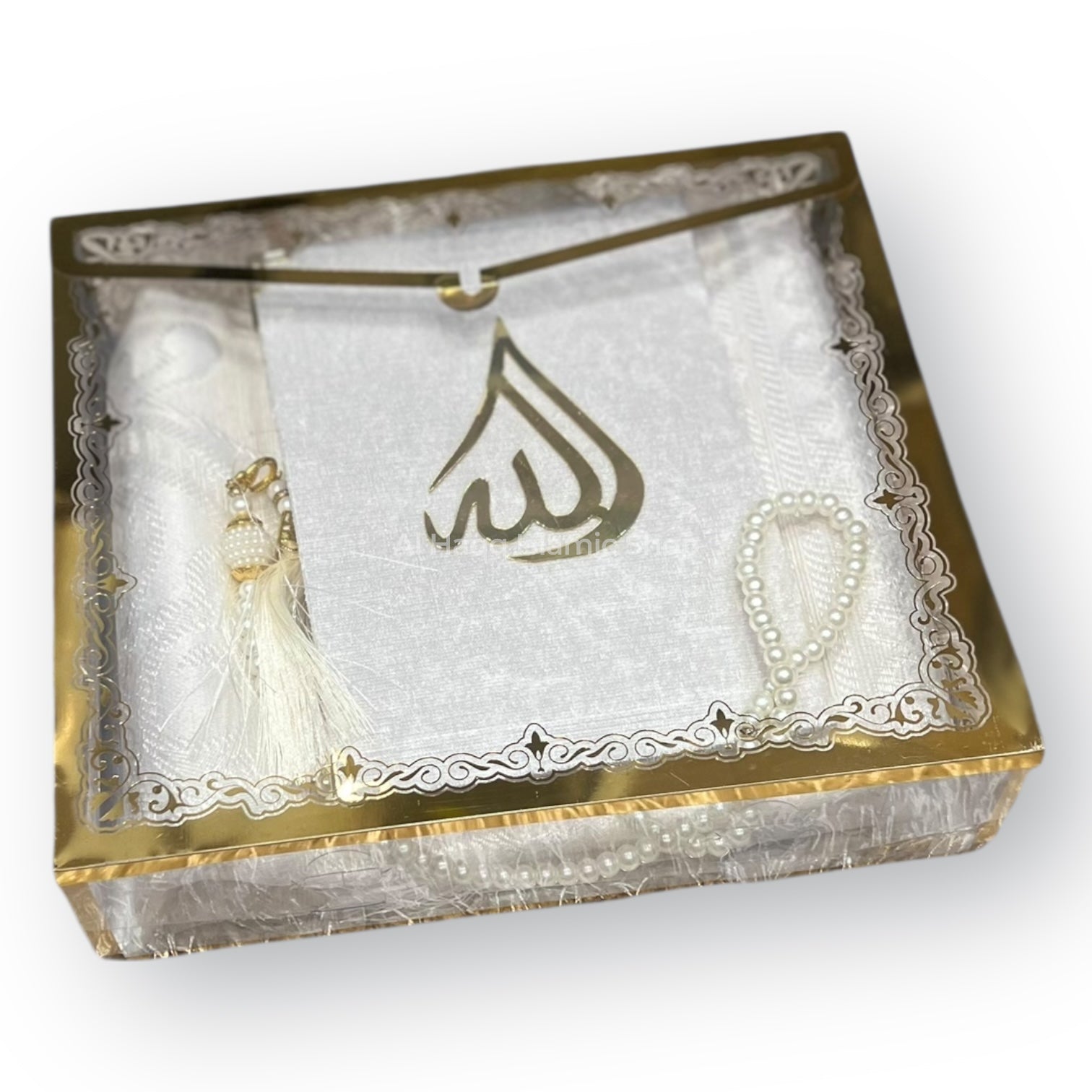 Muslim Prayer Mat Surah Book & Pearl Tasbeeh Gift Set Islamic Ramadan Gift Box Premium Packaging