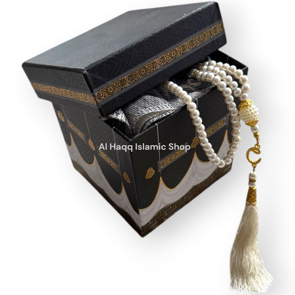 Muslim Gift Set Grey Prayer Mat Travel Tasbeeh Beads Portable Islamic Kaaba Box