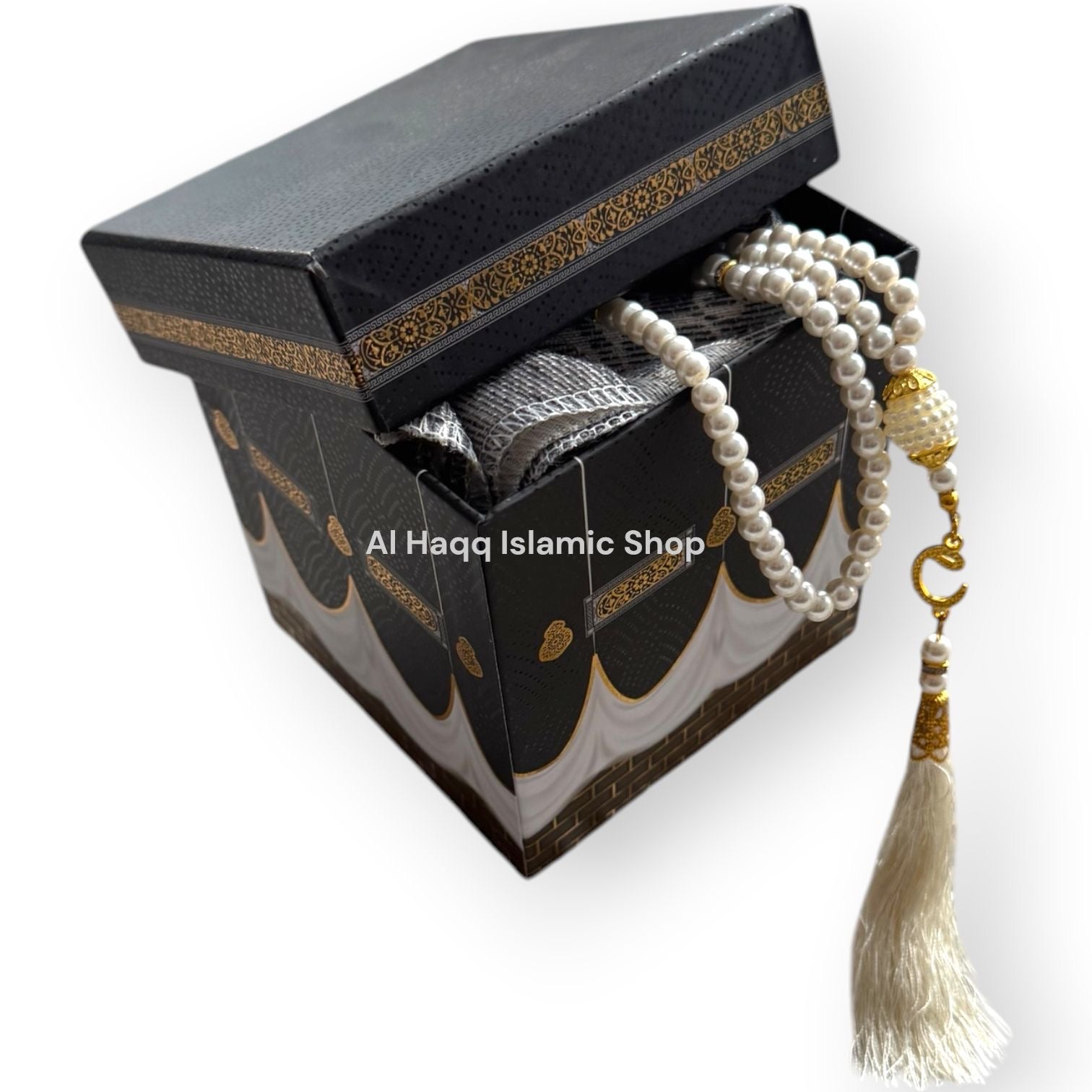 Muslim Gift Set Grey Prayer Mat Travel Tasbeeh Beads Portable Islamic Kaaba Box