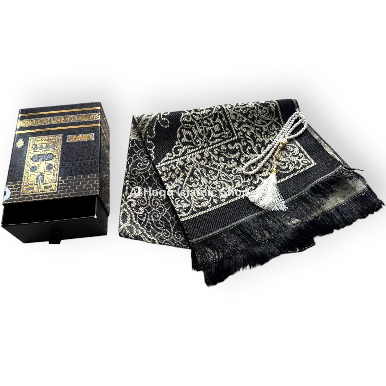 Black Travel Prayer Mat Tasbeeh Beads Muslim Gift Set Portable Islamic Kaaba Box