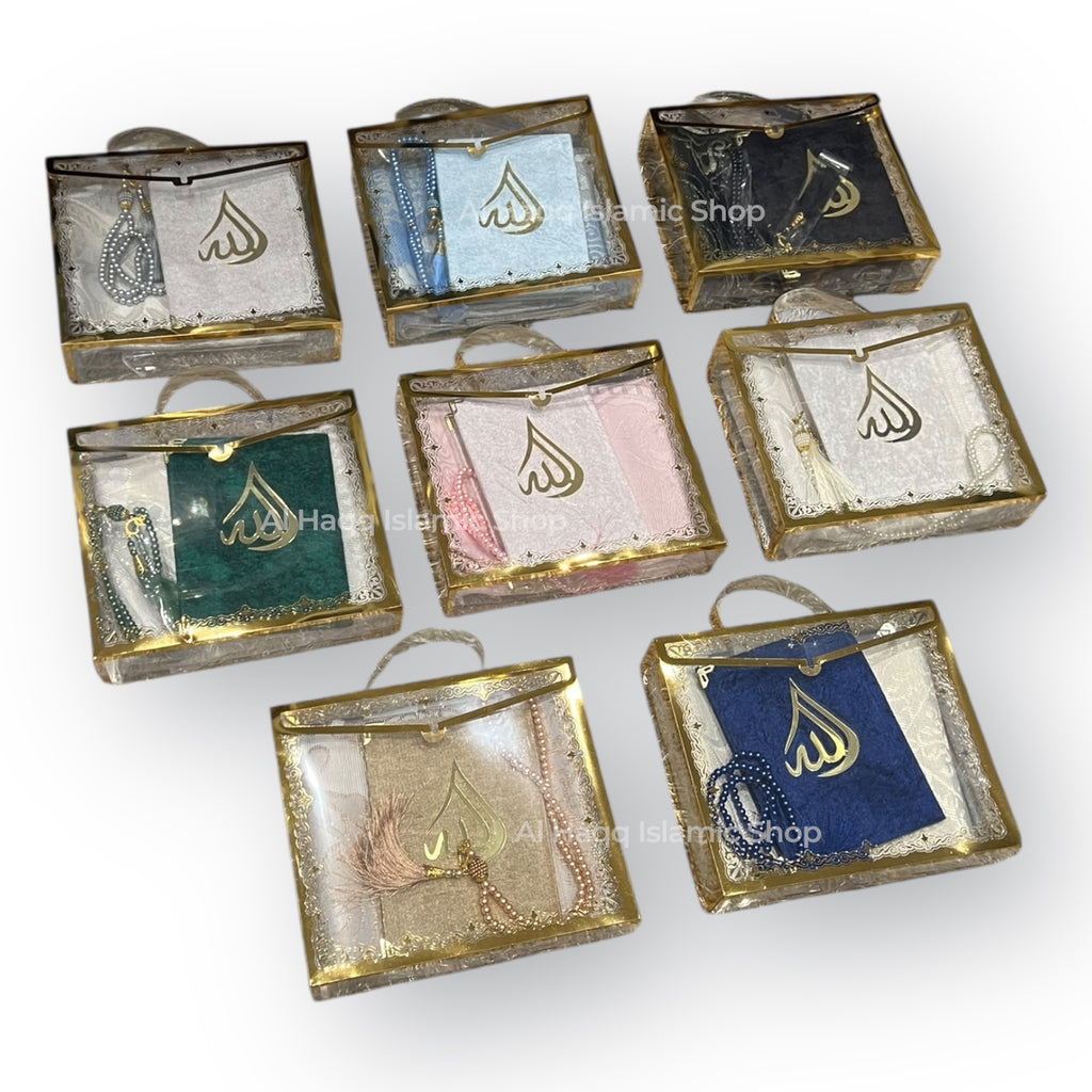 Muslim Prayer Mat Surah Book & Pearl Tasbeeh Gift Set Islamic Ramadan Gift Box Premium Packaging