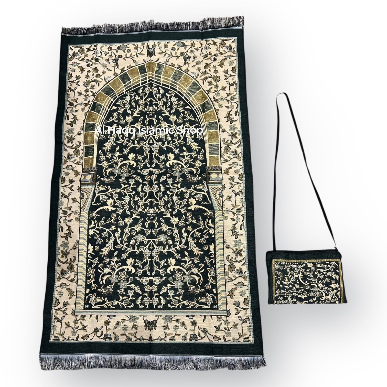 Muslim Travel Prayer Mat 70x110cm Dark Green Rawdah Al Madinah Islamic Salah Mat Bag