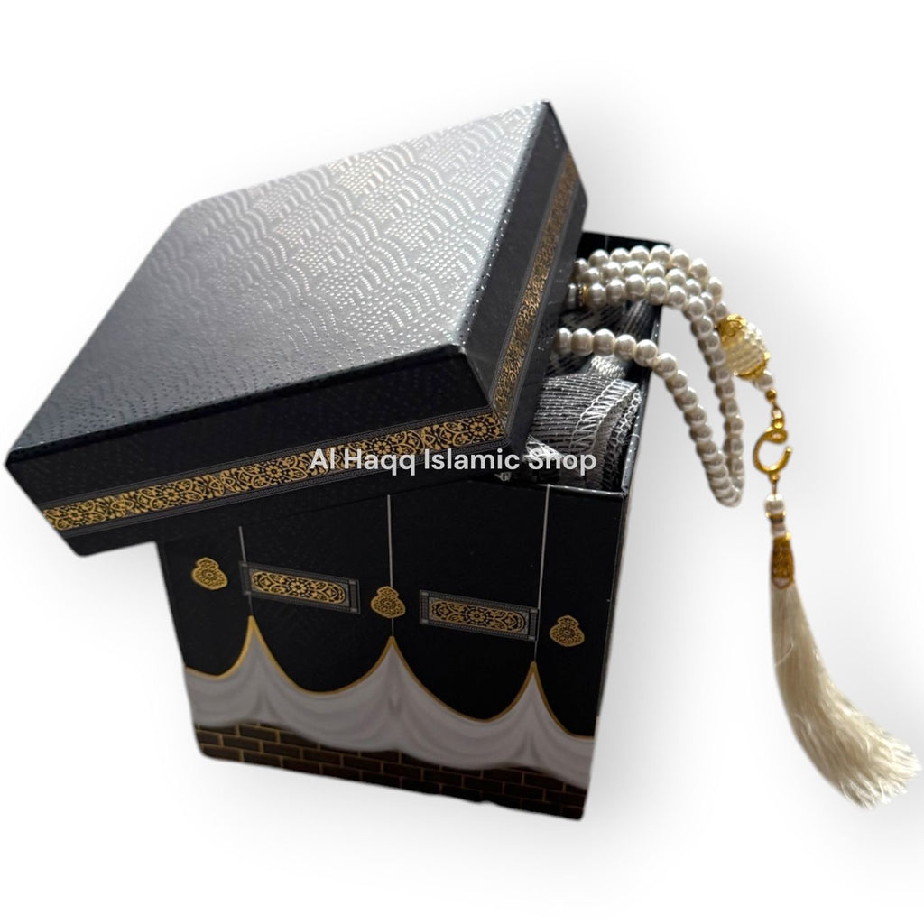 Muslim Gift Set Grey Prayer Mat Travel Tasbeeh Beads Portable Islamic Kaaba Box