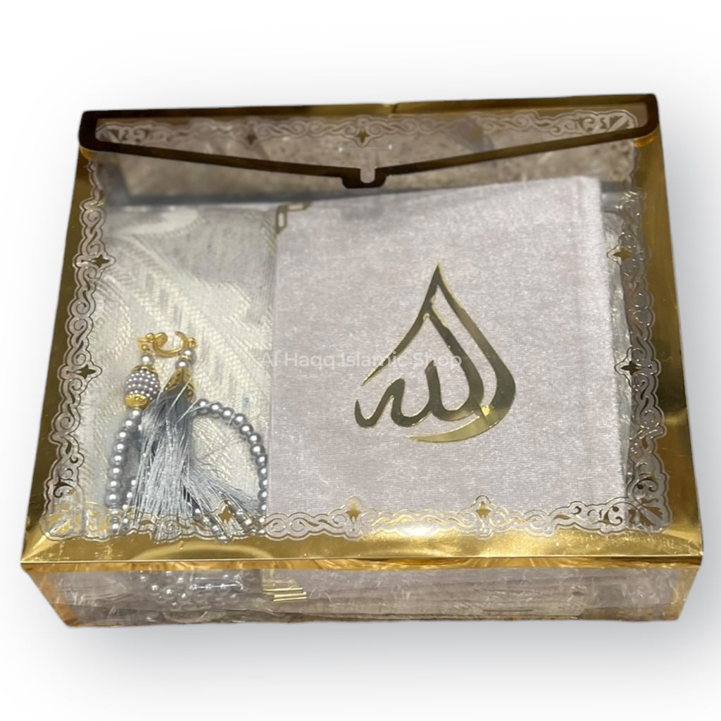Muslim Prayer Mat Surah Book & Pearl Tasbeeh Gift Set Islamic Ramadan Gift Box Premium Packaging