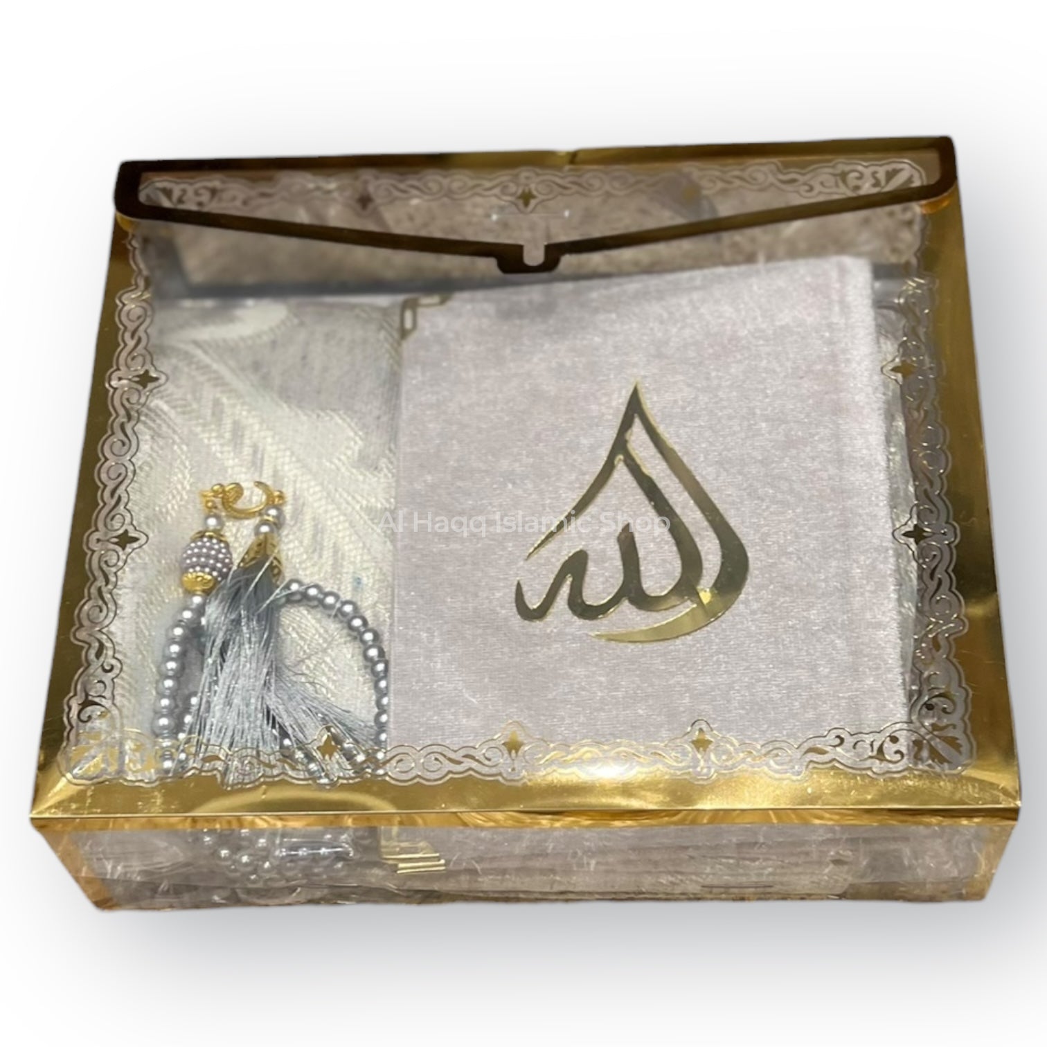 Muslim Prayer Mat Surah Book & Pearl Tasbeeh Gift Set Islamic Ramadan Gift Box Premium Packaging