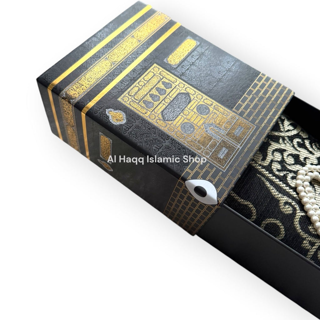 Black Travel Prayer Mat Tasbeeh Beads Muslim Gift Set Portable Islamic Kaaba Box