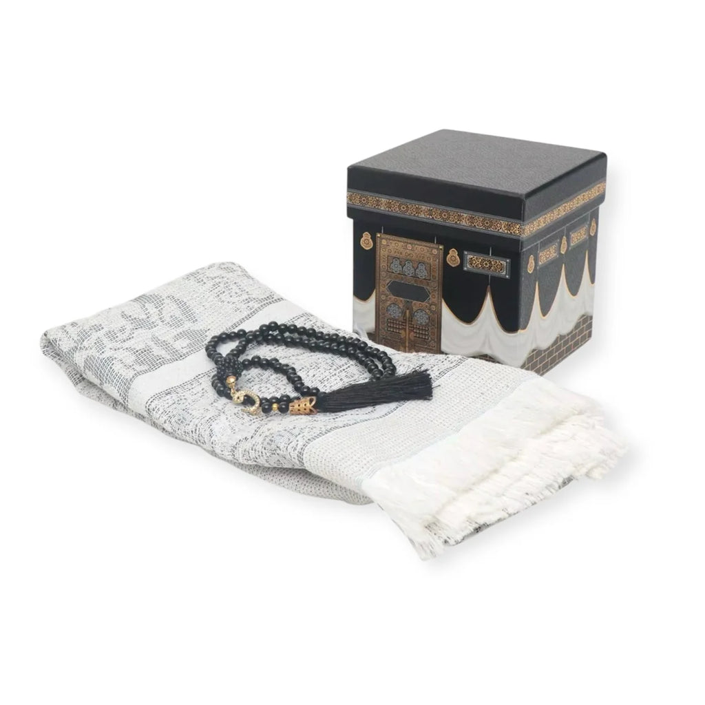 Islamic Travel Prayer Mat & Pearl Tasbeeh Set Muslim Salah Mat Kaaba Carry Box Gift Set