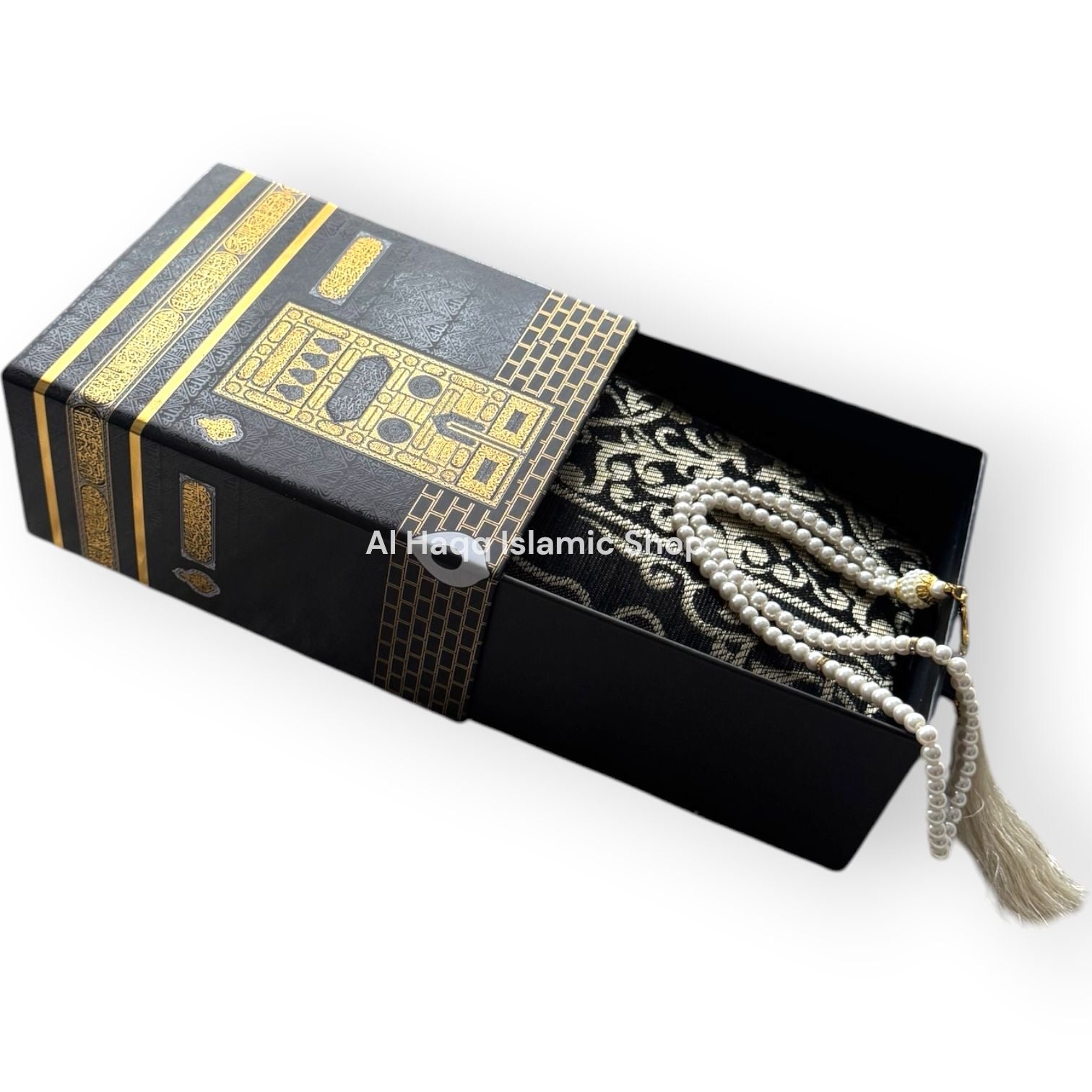 Black Travel Prayer Mat Tasbeeh Beads Muslim Gift Set Portable Islamic Kaaba Box