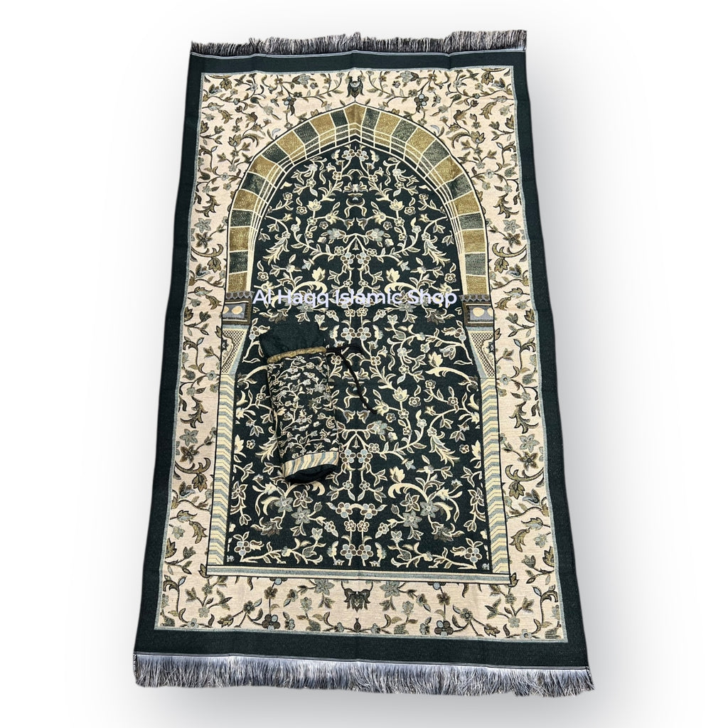 Muslim Travel Prayer Mat 70x110cm Dark Green Rawdah Al Madinah Islamic Salah Mat Pouch