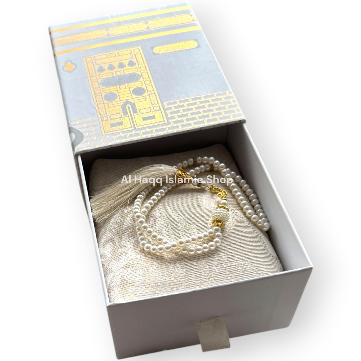Cream Travel Prayer Mat Tasbeeh Beads Muslim Gift Set Portable Islamic Kaaba Box