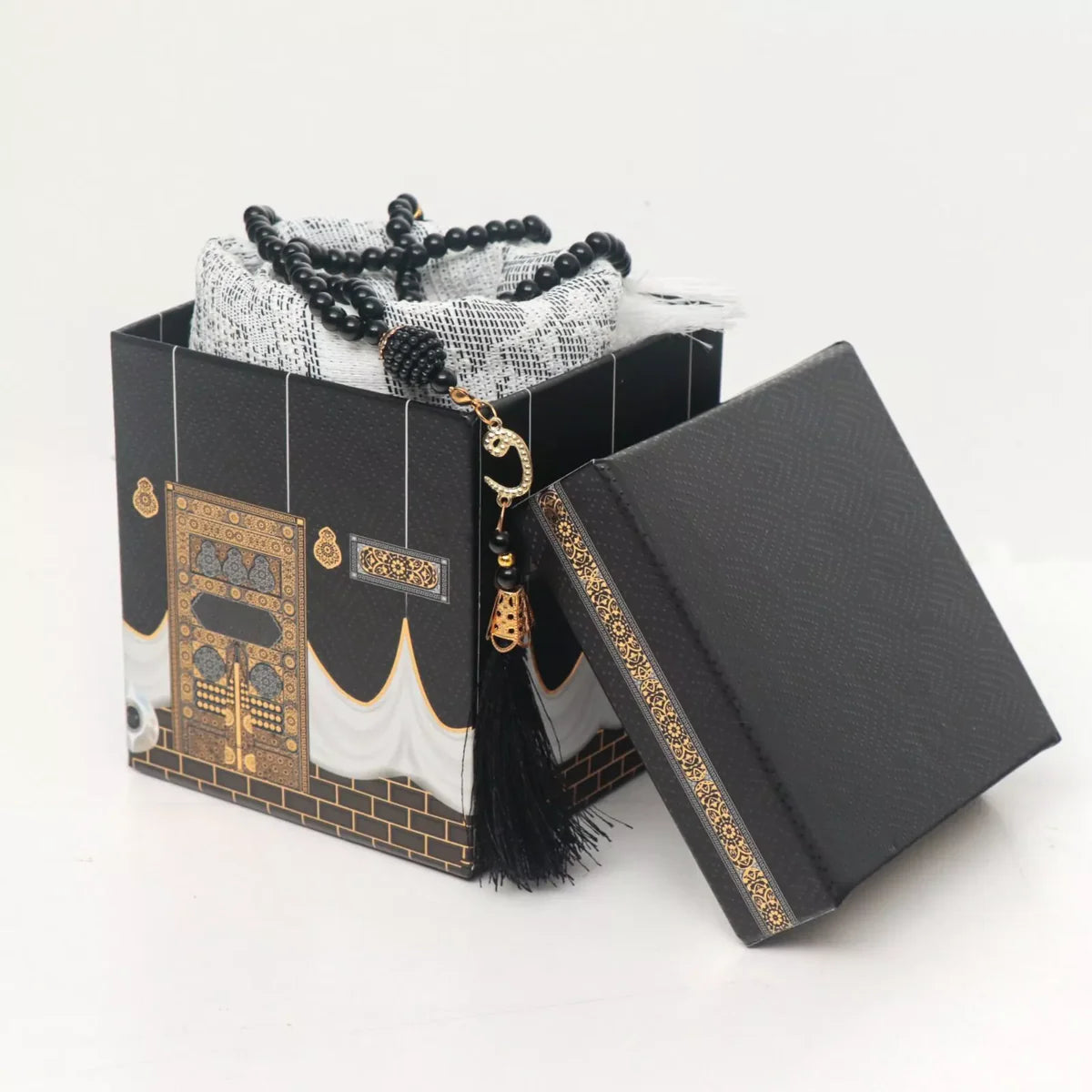 Islamic Travel Prayer Mat & Pearl Tasbeeh Set Muslim Salah Mat Kaaba Carry Box Gift Set