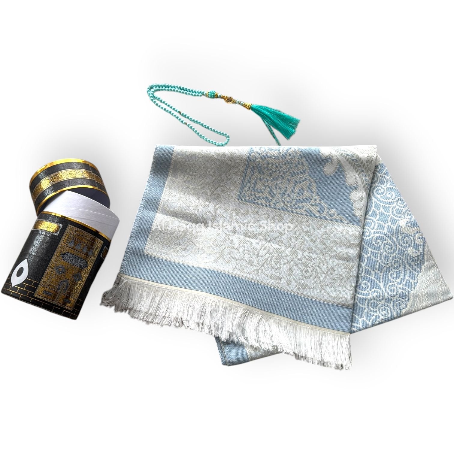 Blue Travel Prayer Mat Tasbeeh Beads Muslim Gift Set Portable Islamic Kaaba Case