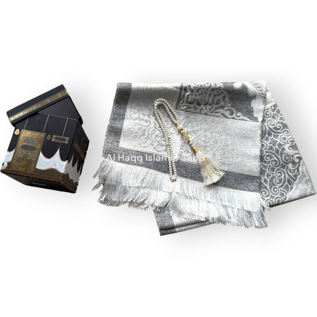 Muslim Gift Set Grey Prayer Mat Travel Tasbeeh Beads Portable Islamic Kaaba Box
