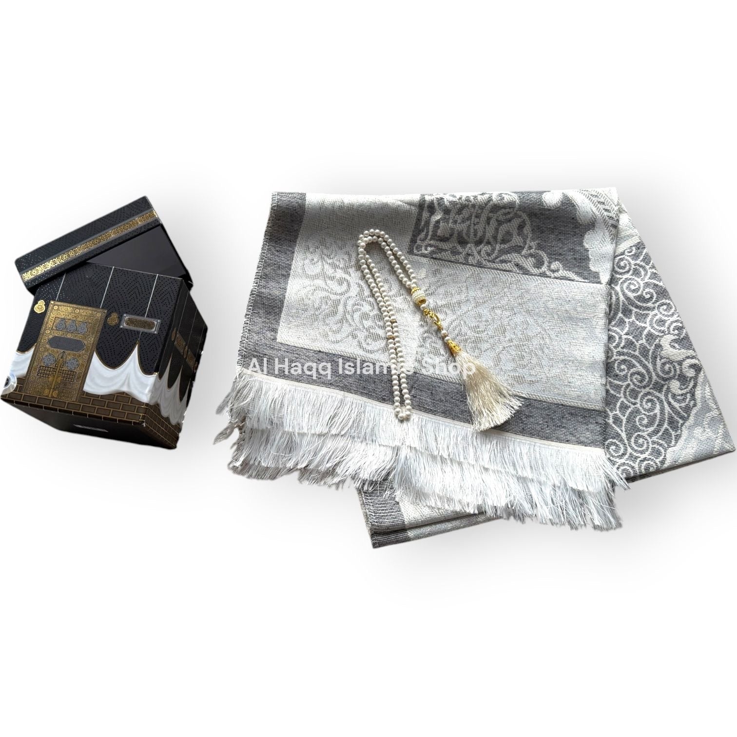 Muslim Gift Set Grey Prayer Mat Travel Tasbeeh Beads Portable Islamic Kaaba Box