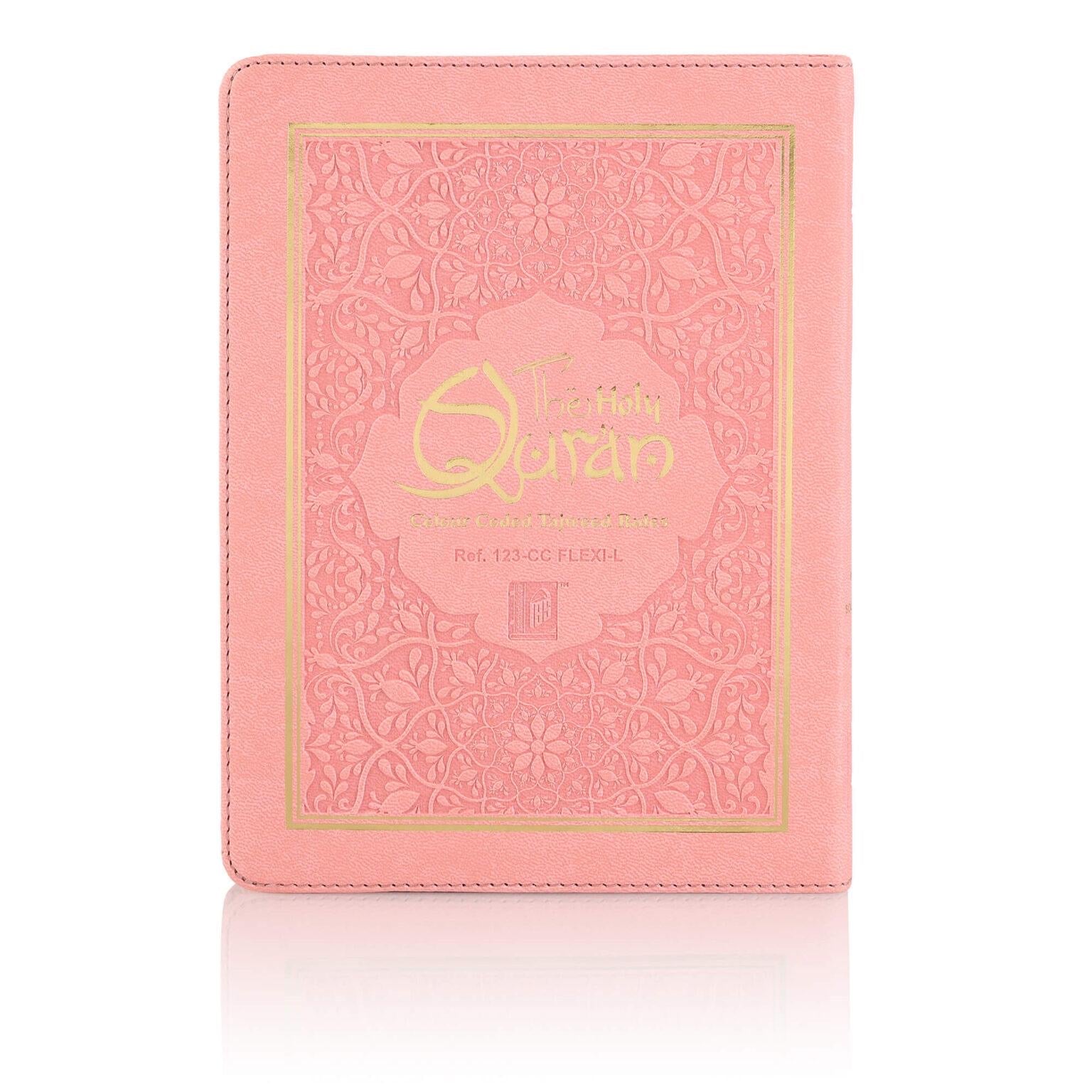 Pink Holy Quran Colour Coded Tajweed Rules 15 Line Medium Size Flexi Leather Islamic Book