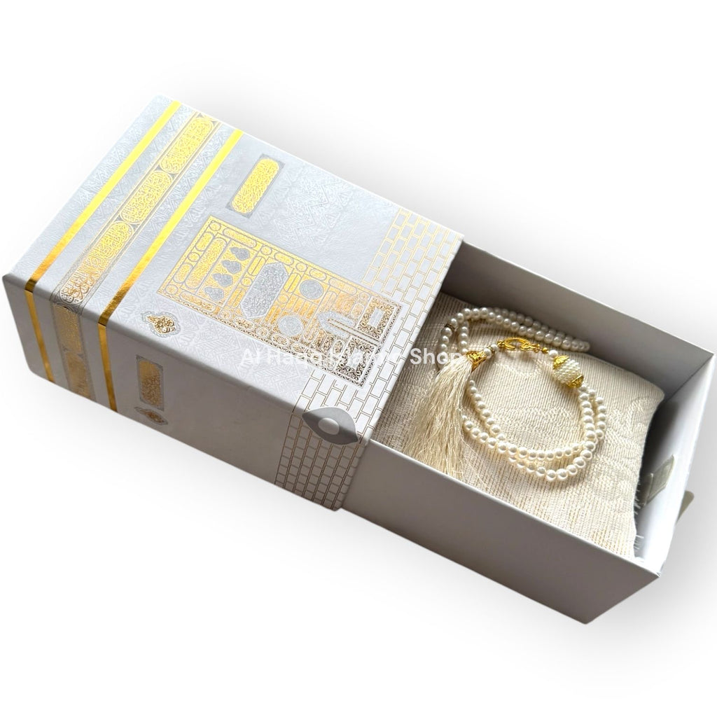 Cream Travel Prayer Mat Tasbeeh Beads Muslim Gift Set Portable Islamic Kaaba Box
