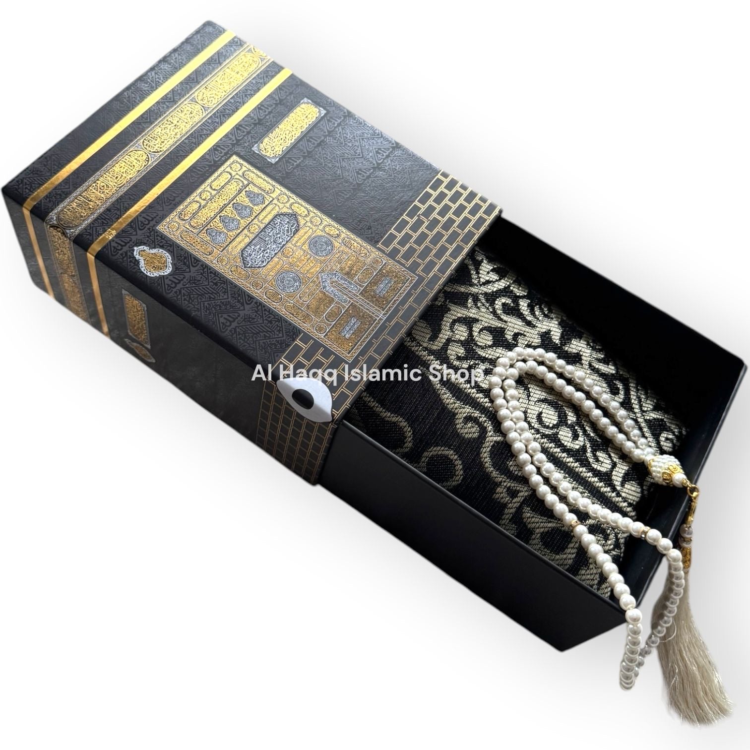 Black Travel Prayer Mat Tasbeeh Beads Muslim Gift Set Portable Islamic Kaaba Box
