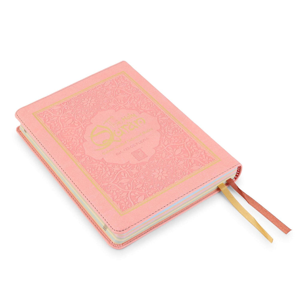 Pink Holy Quran Colour Coded Tajweed Rules 15 Line Medium Size Flexi Leather Islamic Book